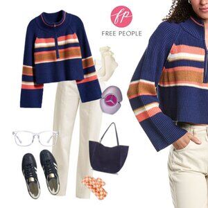 NEW NWT Free People Striped 1/2-Zip Pullover Knit Sweater $128 MSRP Boho Sporty